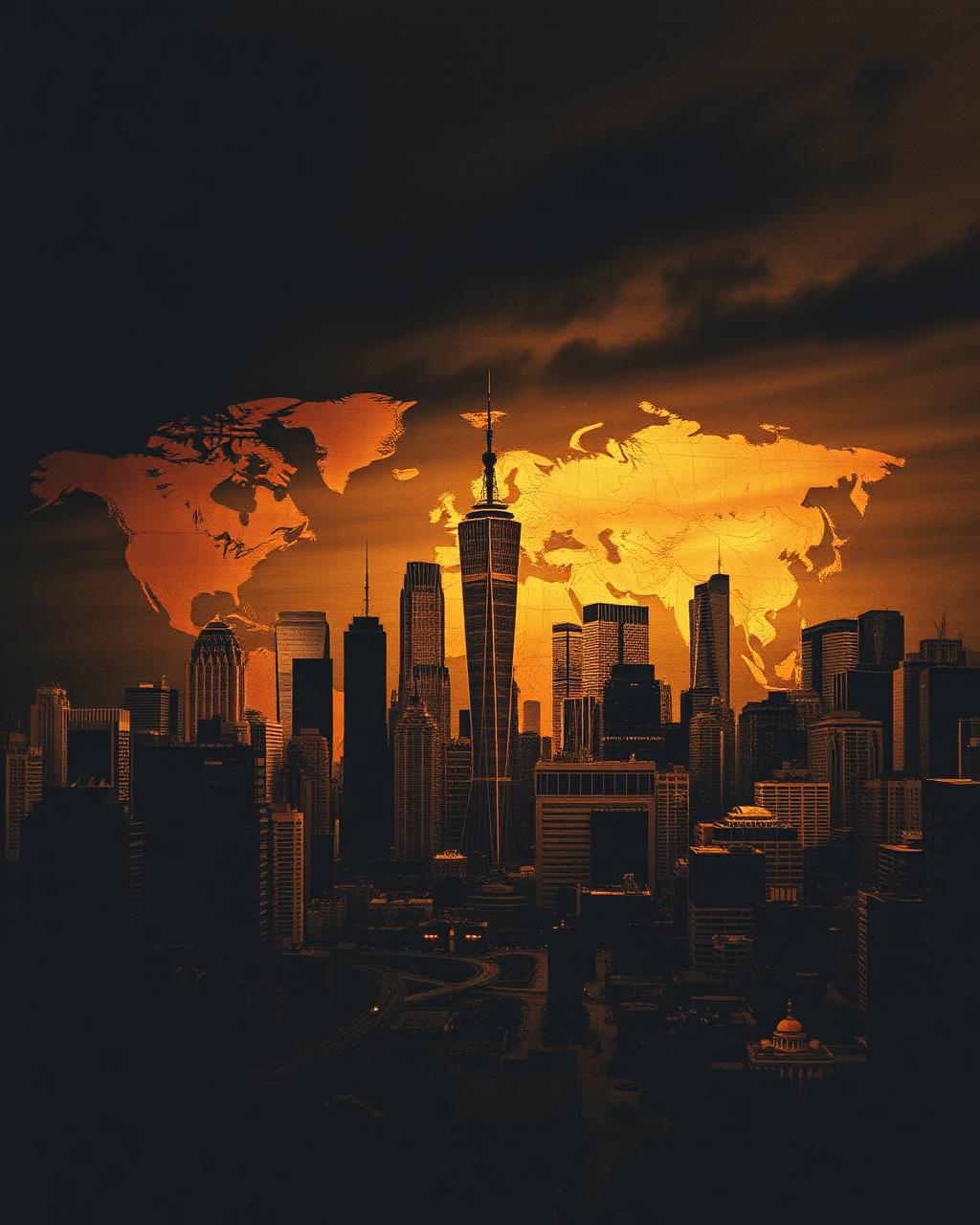 Global skyline with world map