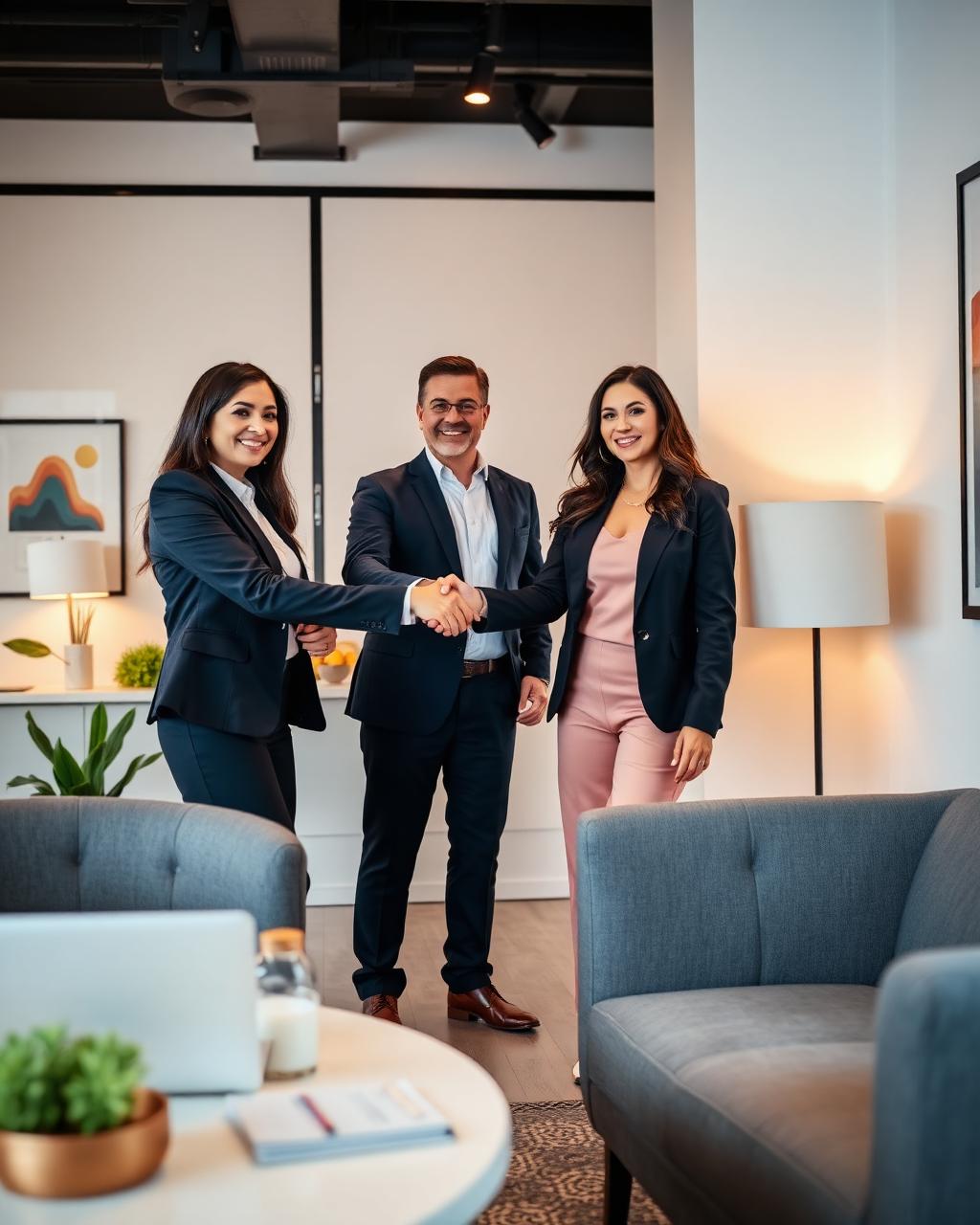 Agents shaking hands in a brokerage office