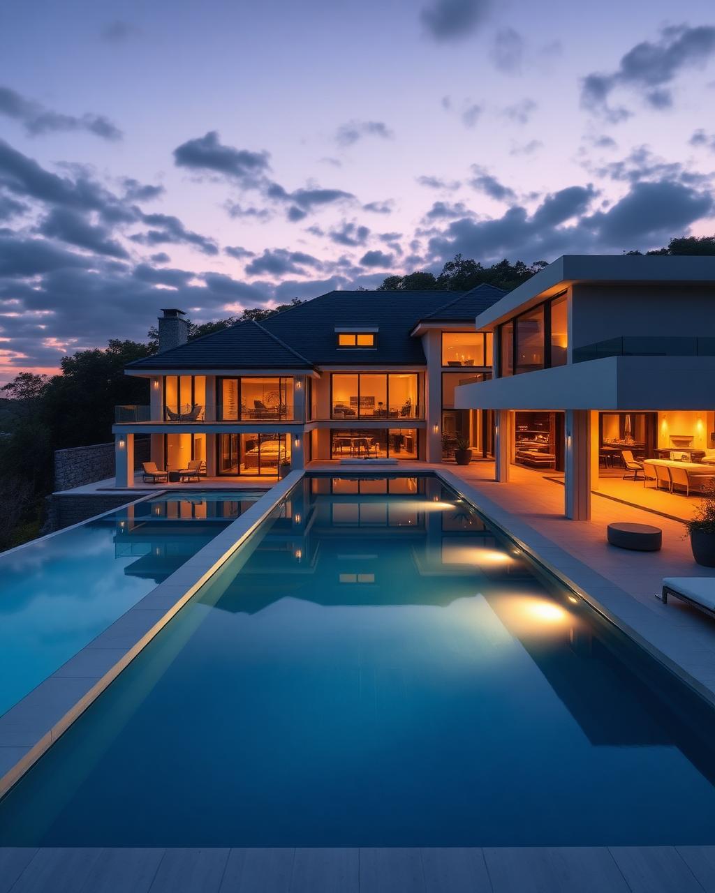 Luxury estate with pool at twilight