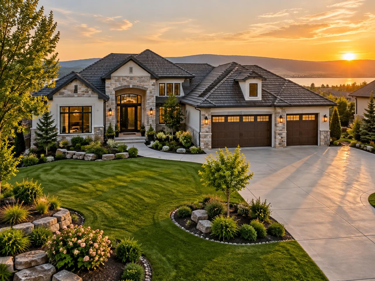 Luxury home exterior at golden hour