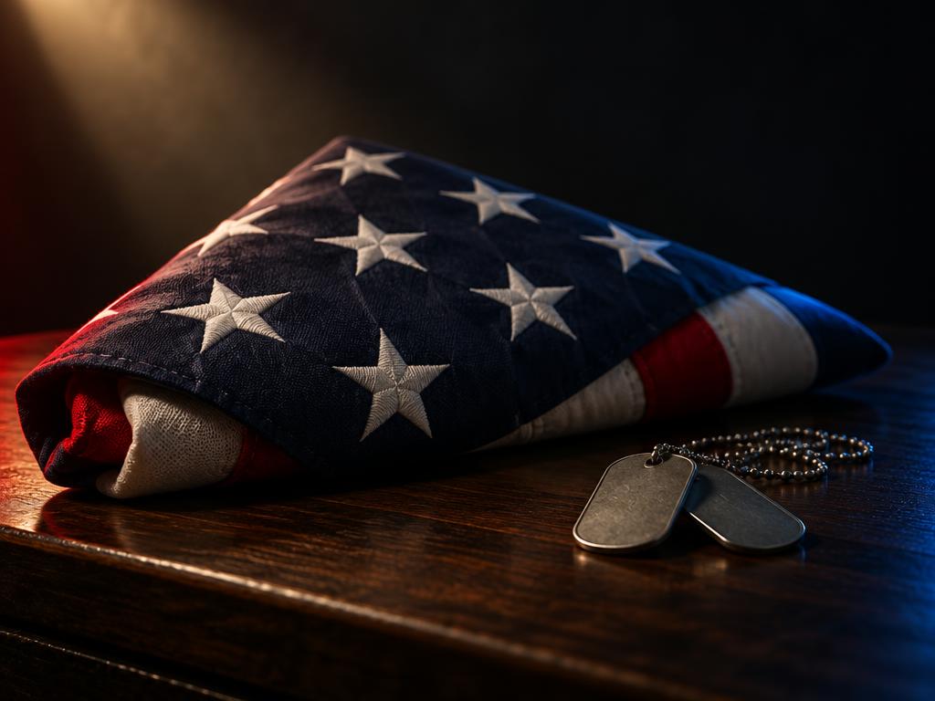 Folded American flag resting on a dark table beside a pair of dog tags