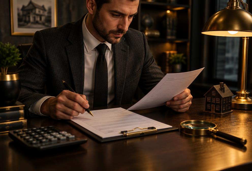 Appraisal paperwork, calculator and magnifying glass on a dark wooden desk