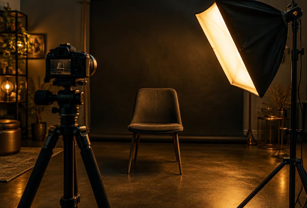 Camera on a tripod and a softbox light in a home photography studio