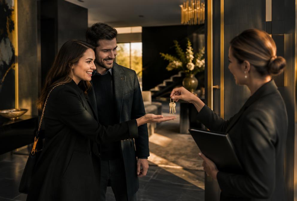 Couple receiving house keys inside a modern home entryway