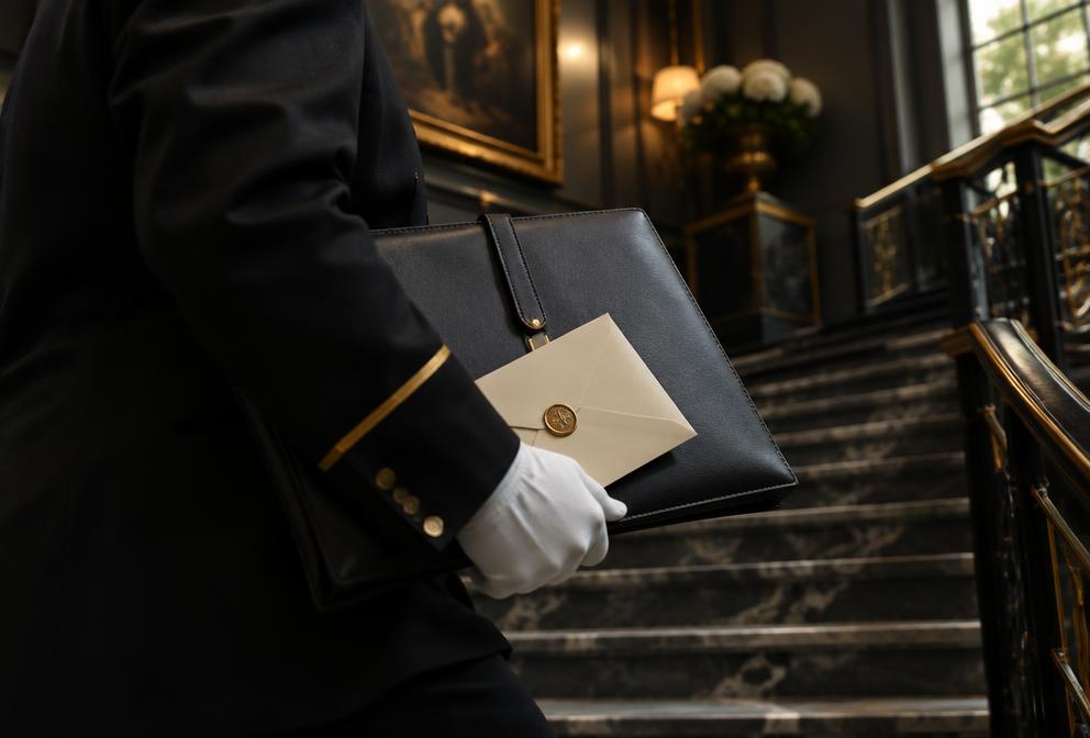 Gloved hands carrying a leather document folio up a marble staircase