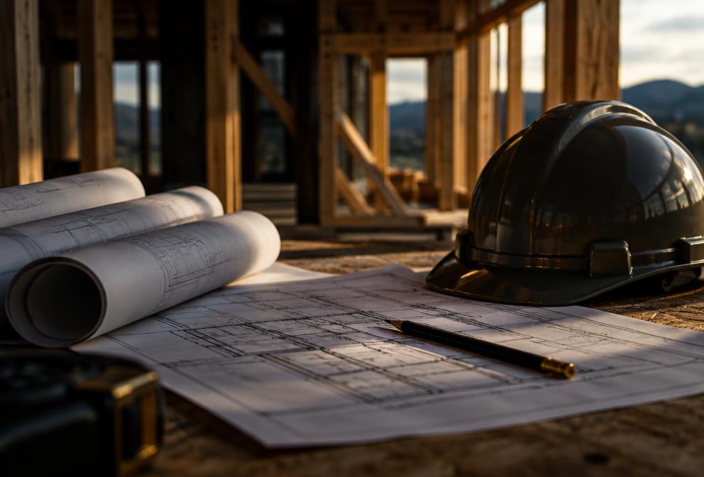 Rolled blueprints and a hard hat on a construction job site