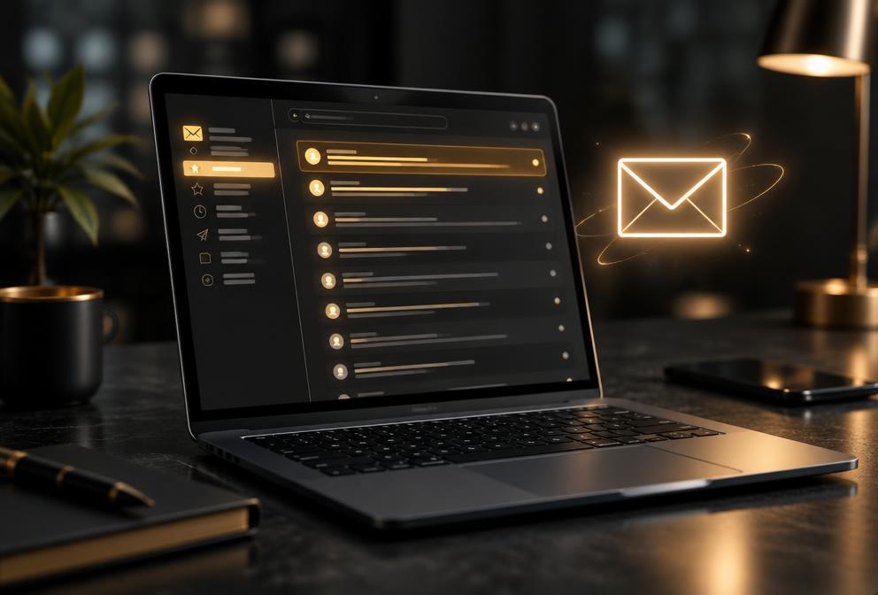 Laptop on a dark desk showing an email inbox with an envelope beside it