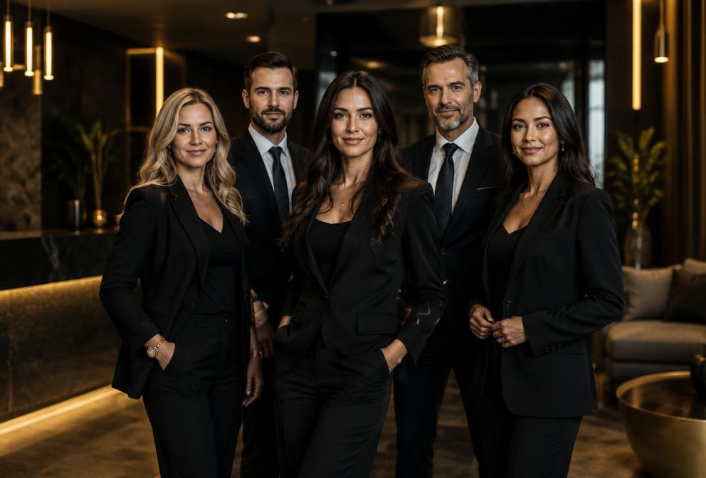 Team of real estate professionals standing together in a modern office