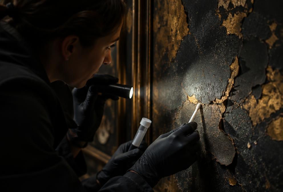 Inspector in gloves testing an old painted wall with a swab kit