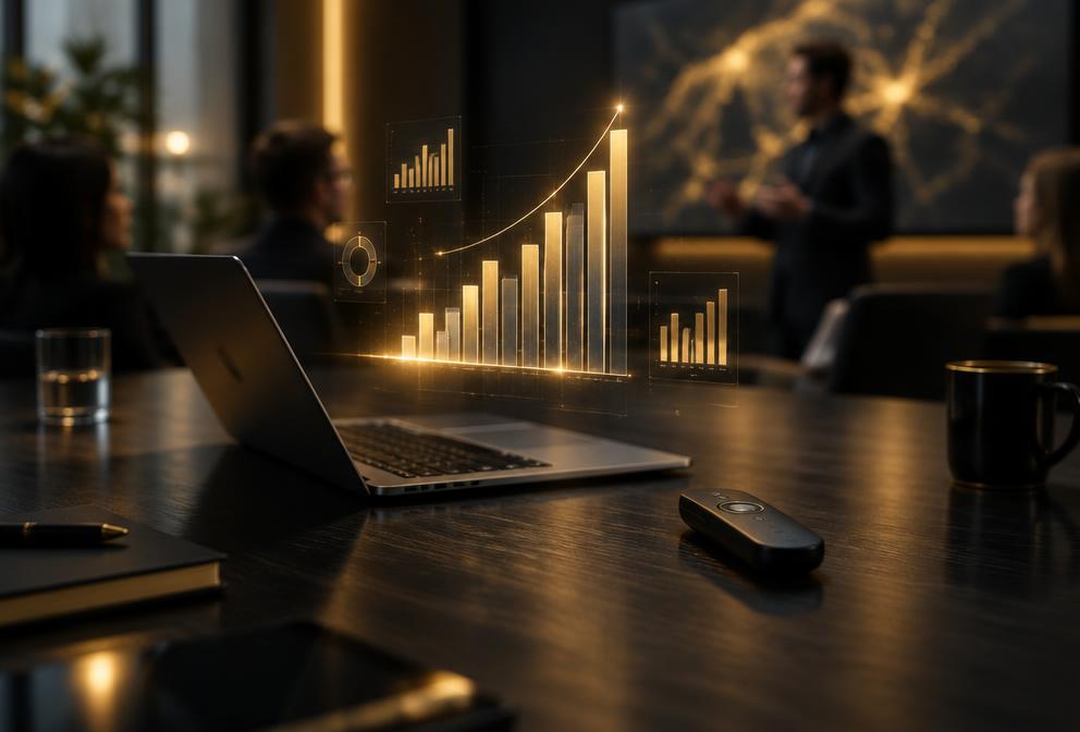 Laptop on a dark conference table with glowing bar charts above the screen