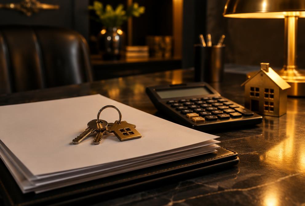 House keys on a stack of loan documents beside a calculator