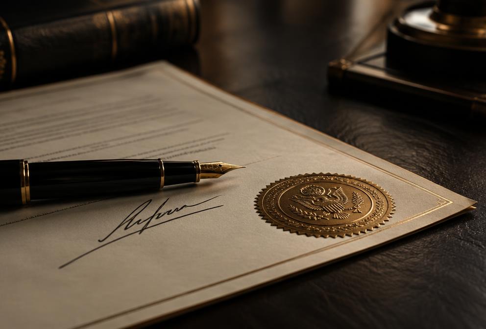 Fountain pen resting on a signed document with an embossed notary seal