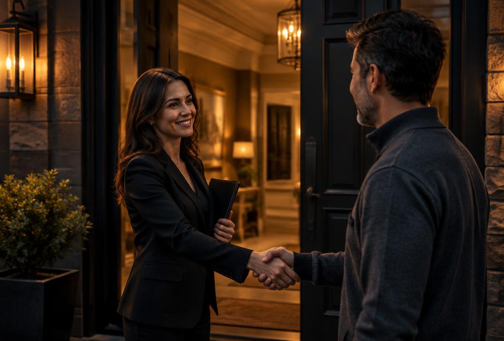 Agent shaking hands with a homeowner at the front door of a house at dusk