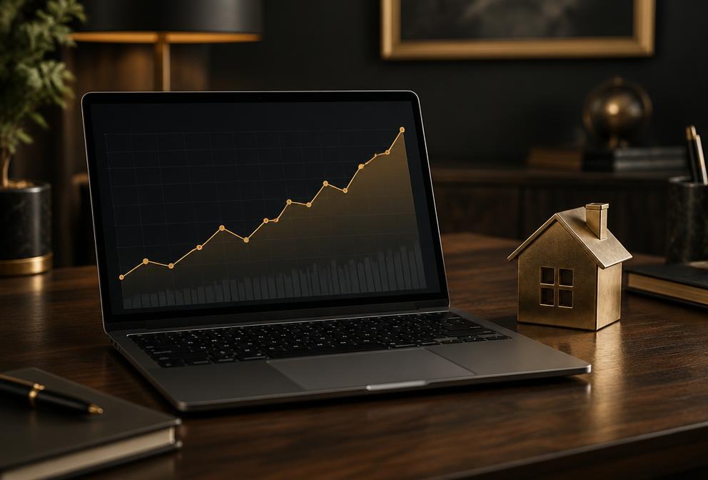 Laptop showing a home price trend beside a small brass house model